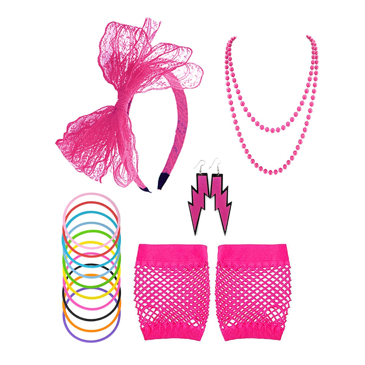 1980s Party Dance Women's Costume Accessories Set: Necklace, Earrings, Lace Headband, Gloves, Mesh Skirt, Leggings - In Stock