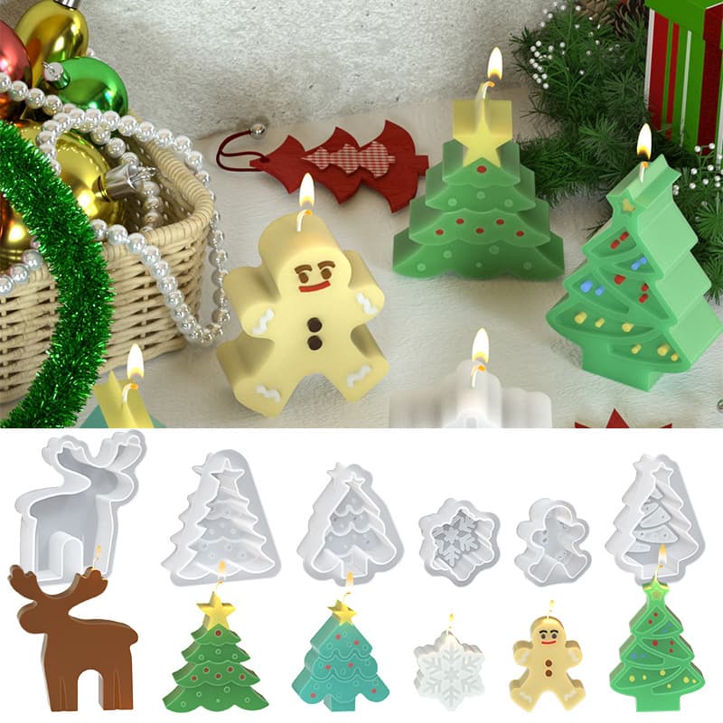 Multiple Flat Christmas Candle Silicone Molds - Elk, Snowman, Christmas Tree, Snowflake, Resin Epoxy Molds for Cross-Border