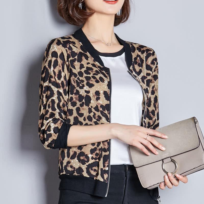 Spring/Autumn New Mid-Sleeve Long-Sleeve Sun Protection Jacket Women's Casual Bomber Cardigan Korean Leopard Print