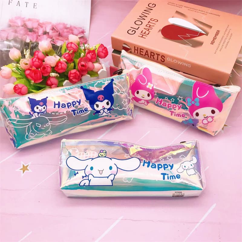 New Kuromi Cinnamoroll Laser Holographic Pencil Case Large Capacity Student Single Layer Zipper Stationery Storage Bag Pen Box