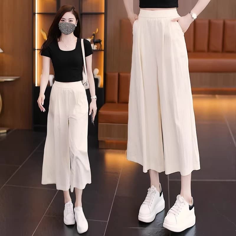 Ice Silk Capri Wide Leg Pants for Women Summer Thin 2026 New High Waist Draping Loose Petite Quick-Dry Skirt Pants