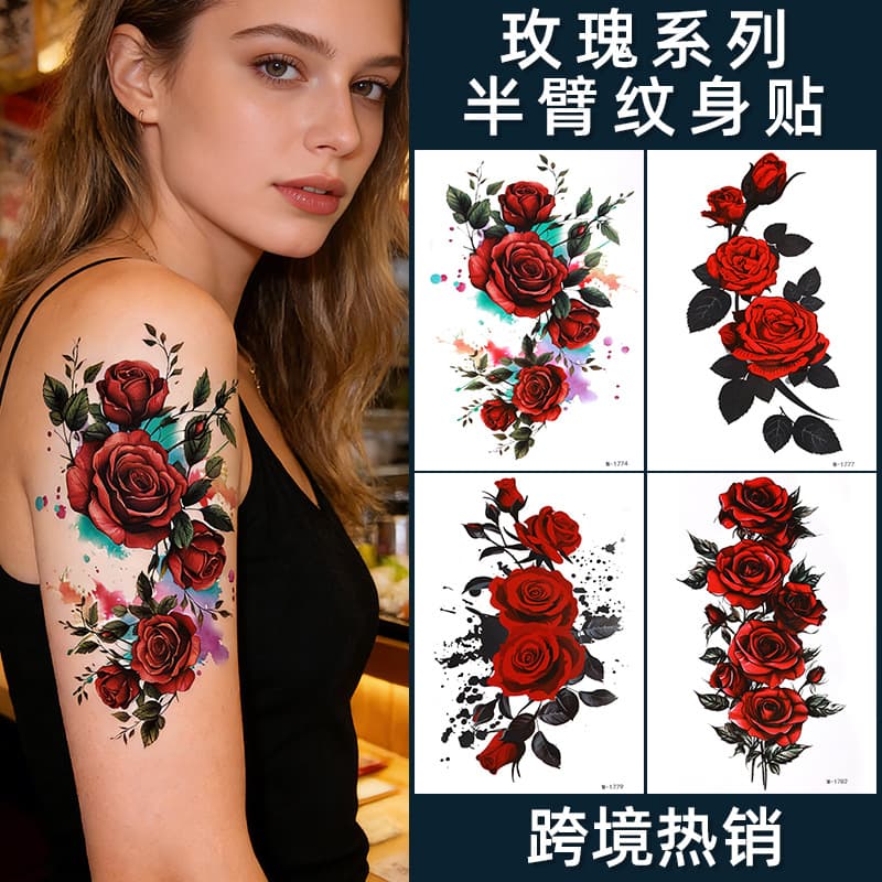 New Cross-Border Colorful Tattoo Stickers, Dark Black Flower Arm Half-Arm Tattoo Stickers, Long-Lasting Waterproof Realistic Rose Flower Tattoo