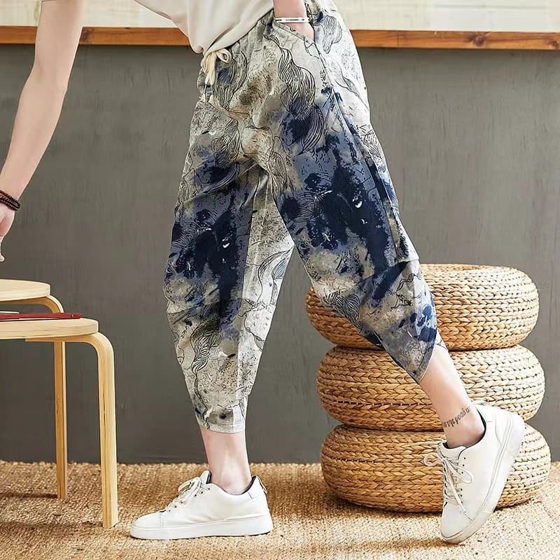 Summer Chinese Style Cropped Pants for Men, Loose Fit Nine-Tenths Shorts, Plus Size Casual Cotton-Linen Imitation, Chinese Trendy Eight-Tenths Lantern Pants