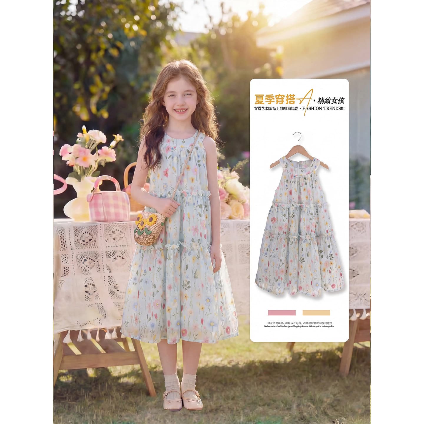 Girls' 2026 Very Beautiful Dress Summer New Style Children's Floral Print Thin Halterneck Slip Dress for Little Girls