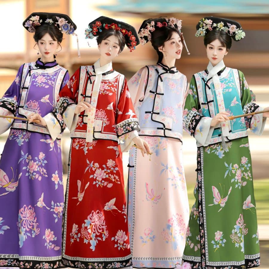 Hanfu Women's Qing Dynasty Print Ancient Costume Qing Dynasty Yanji Princess Qipao Palace Gege Costume Two-Piece Set Travel Photography Clothing for Women