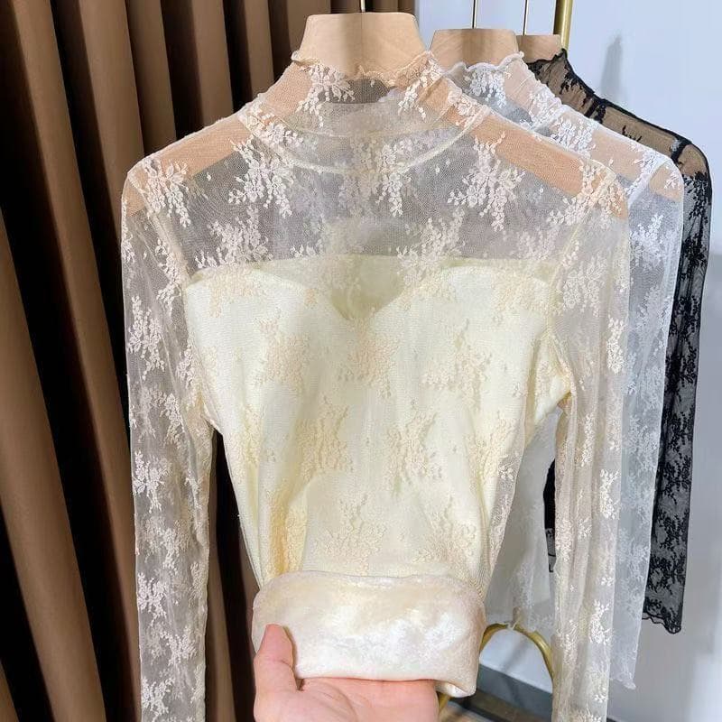 High Neck Lace Thermal Base Top for Women 2025 New Ruffle High-Layering Inner Wear Mesh Warm Top
