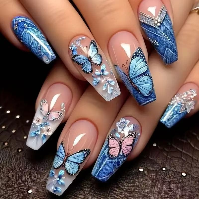 New Hot-Selling Cross-Border Ballet Blue-Pink Butterfly Sparkling Press-On Nails, 24 Pieces, Removable