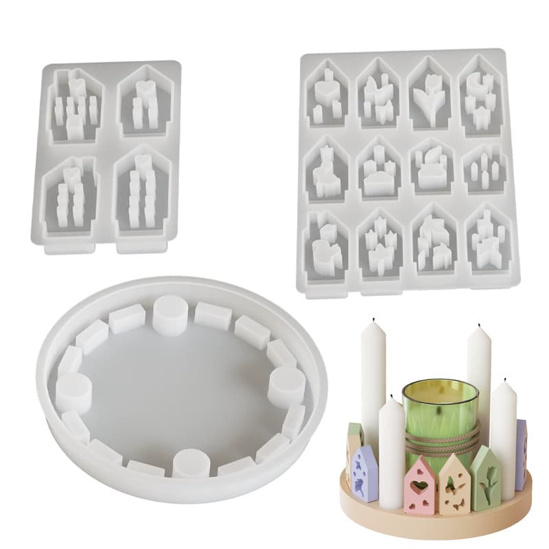 Hollow Heart House Candle Holder Silicone Mold DIY Round Candle Base Plaster Ornament Resin Mold