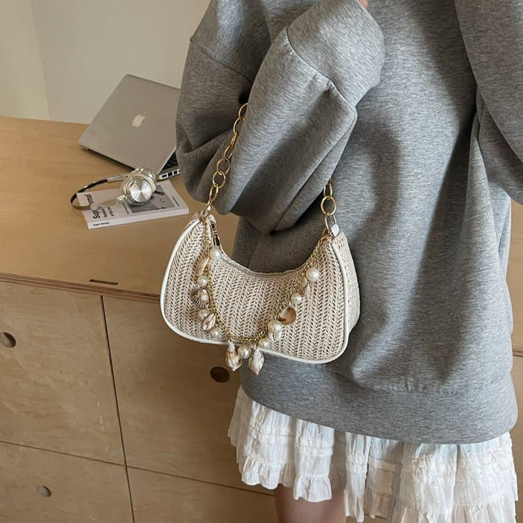 Woven armpit bag 2025 cross-border new trendy fashion shoulder bag handbag beach bag straw woven women's bag chain