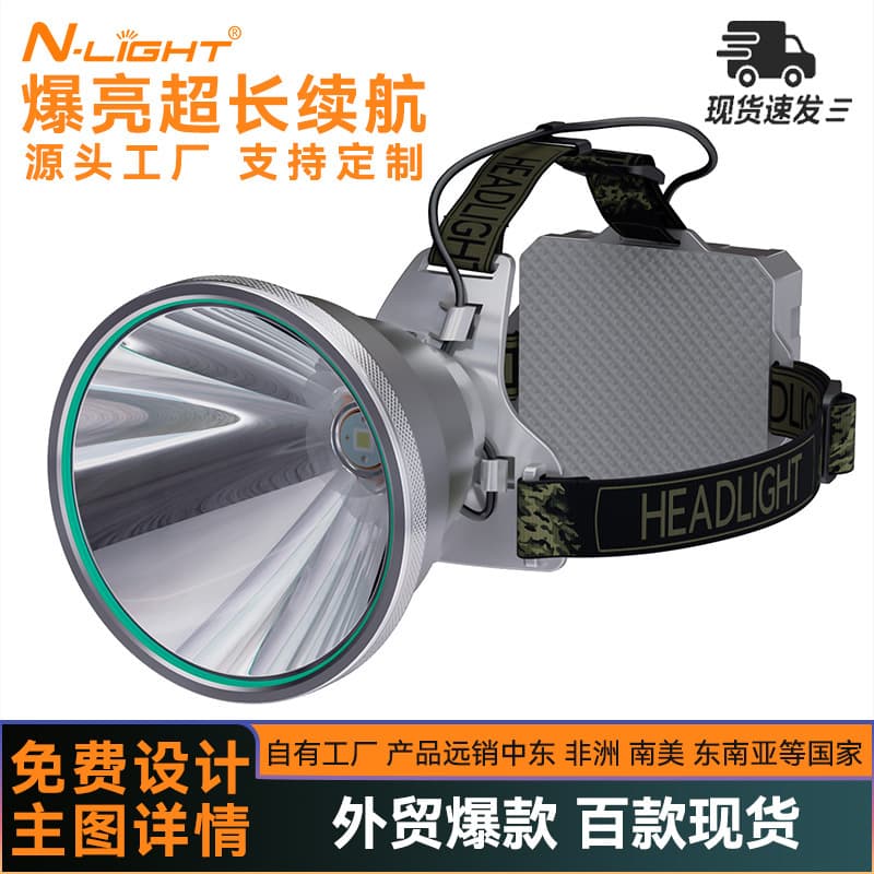 High-Power Bright Rechargeable Headlamp, Long-Range Beam, Long Battery Life, Rear Battery, Lightweight Split Design, Outdoor Night Fishing Light