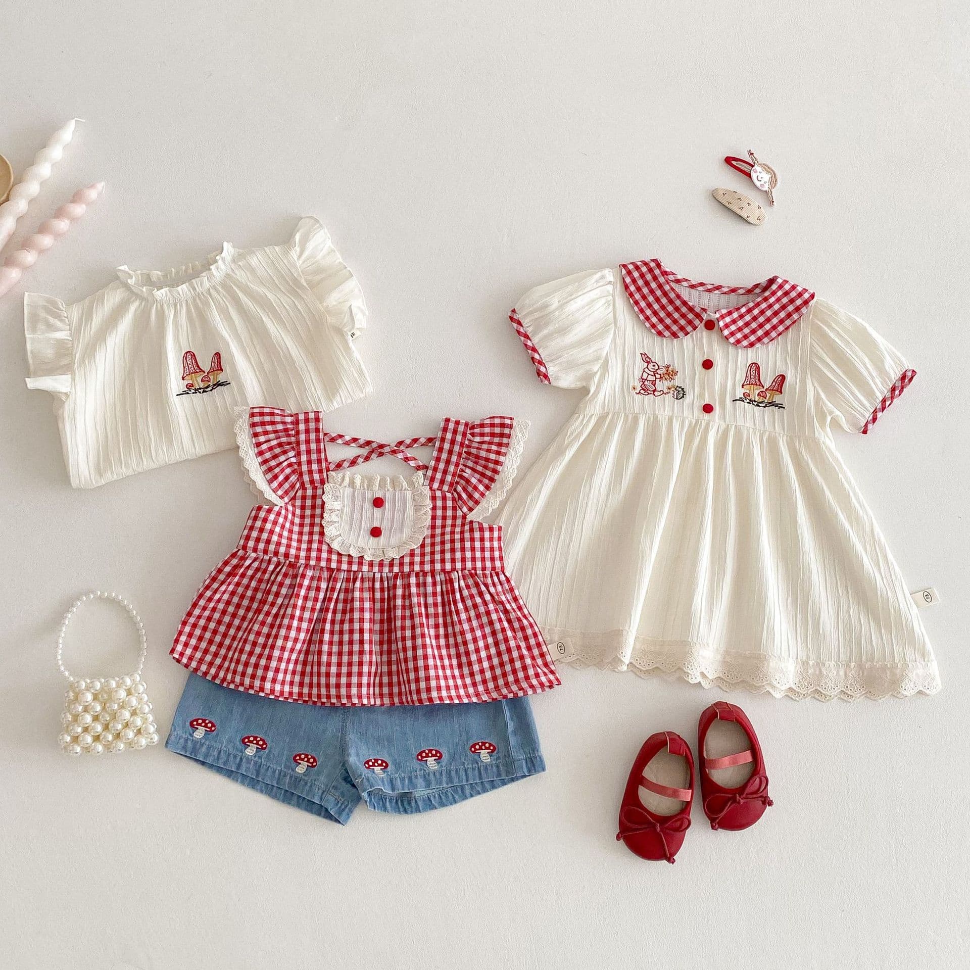 Children's Plaid Dress, Summer Baby Korean Style Girl's Dress with Embroidery Bunny and Peter Pan Collar