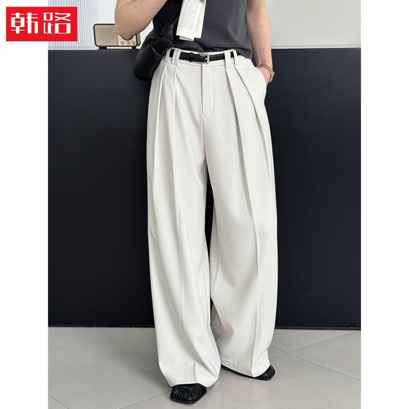 Korean Double Pleated High Waist White Wide Leg Suit Pants for Women, Autumn Edition, Loose Fit with Draping Floor Length Casual Trousers