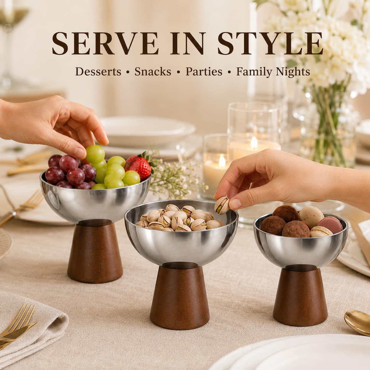 Stainless steel tall bowl with solid wood base round fruit bowl dessert snack snack storage bowl home restaurant decoration bowl