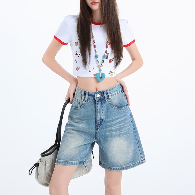 American Retro High-Waist Denim Shorts for Women, Summer Versatile Loose Fit Slimming Five-Point Pants, High-Waist Thin Style Casual Mid-Length Shorts