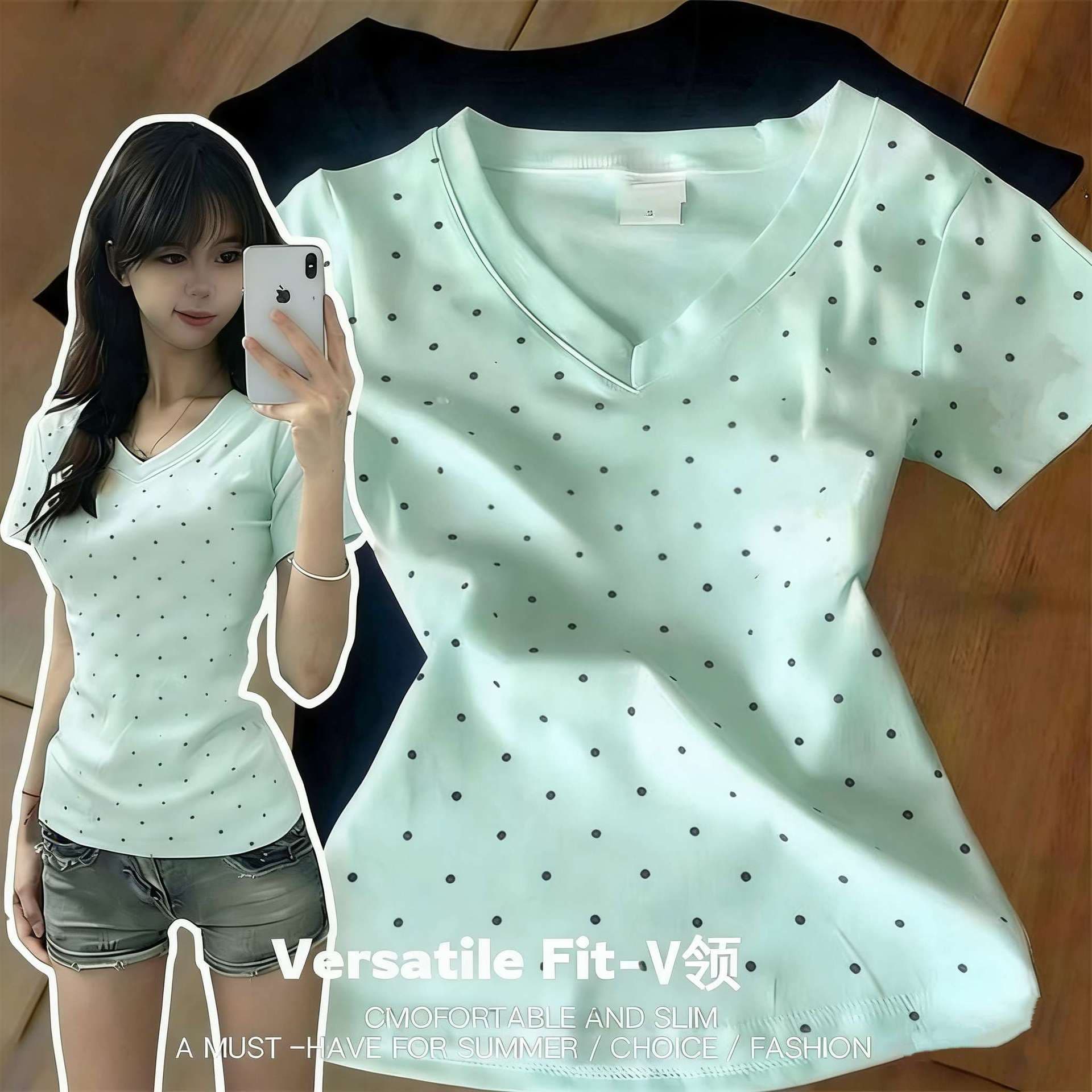 New Korean Sweet-Cool Polka Dot V-Neck Mint Green Short Sleeve Premium Top Square Shoulder Summer Hot Girl Fitted T-Shirt for Women