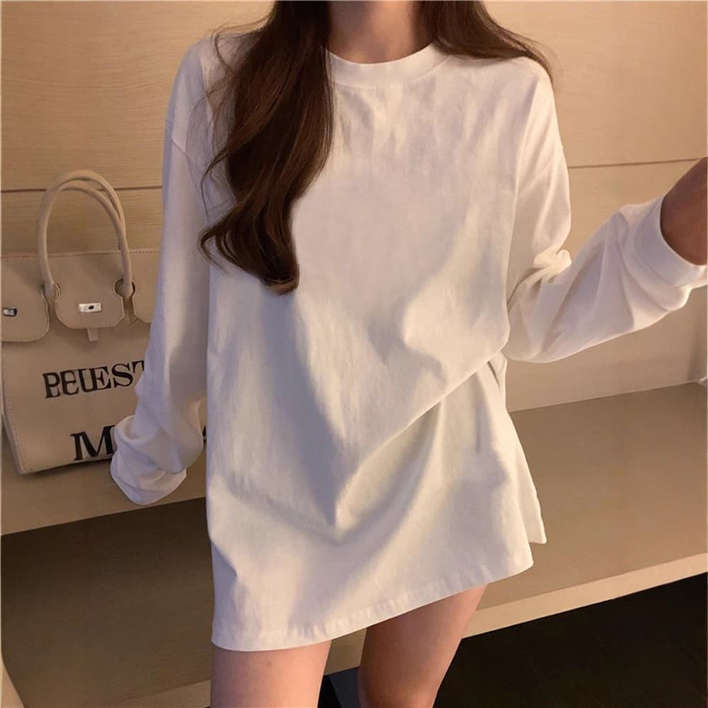 2026 Fall New Loose Fit Long Sleeve Basic Top Student Versatile Women's Fashion White T-Shirt