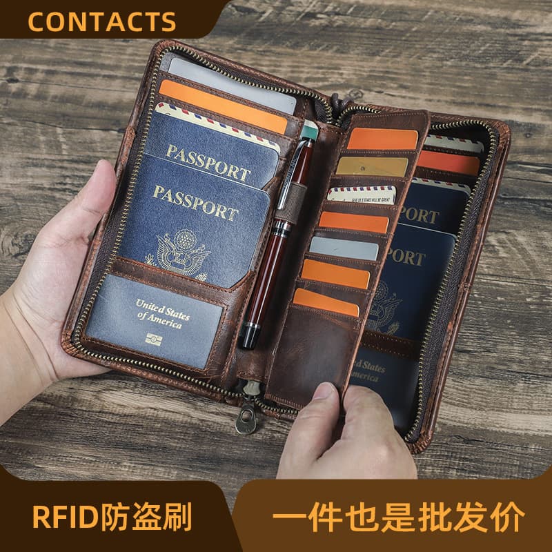 Black Angel RFID Blocking Travel Family Passport Organizer Multi-functional Zipper with Wrist Strap Genuine Leather Passport Holder