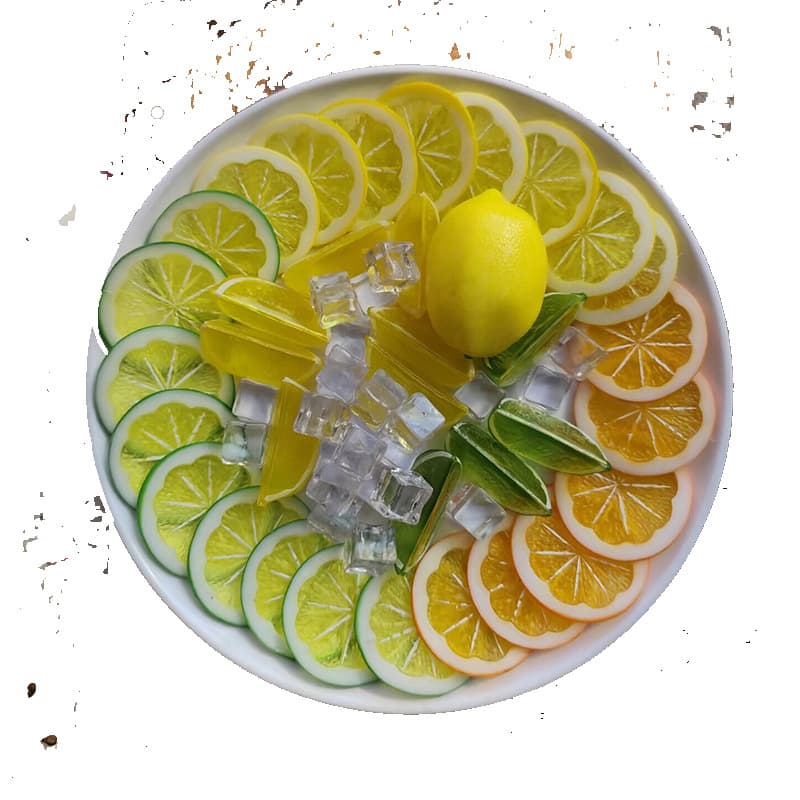 Simulated lemon slices, watermelon, apple and carambola slices, orange slices, fake fruit slices, cake, wine platter model props