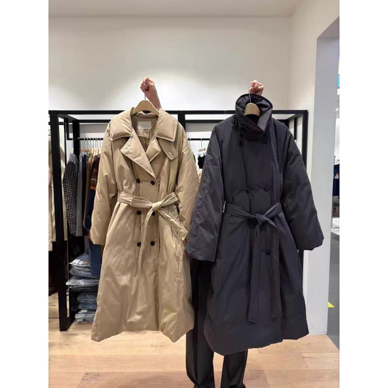 Korean Dongdaemun Bruni Lapel Double-Breasted Belted Down Jacket Long Coat