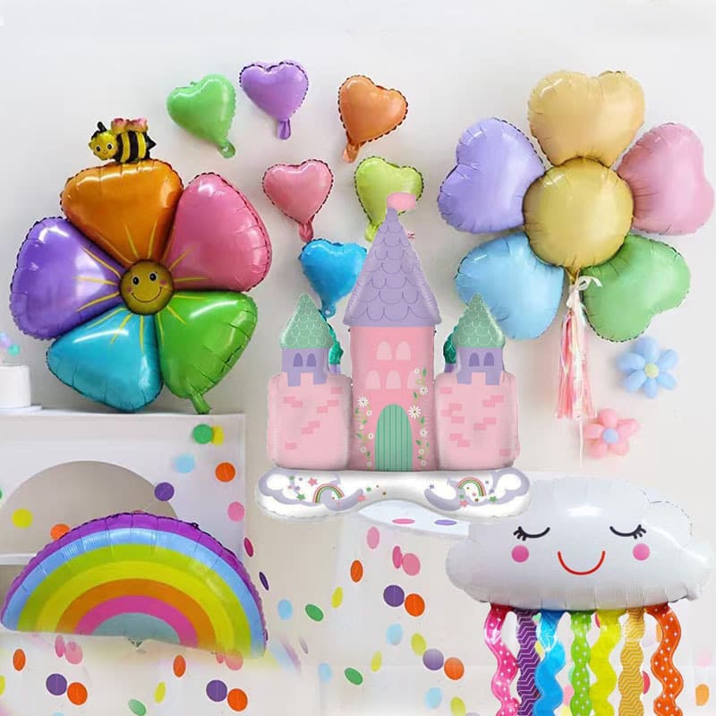 Extra large aluminum film balloon colorful smiling face five-petaled flower bee smiling face five-petaled flower love five-petaled flower cake castle