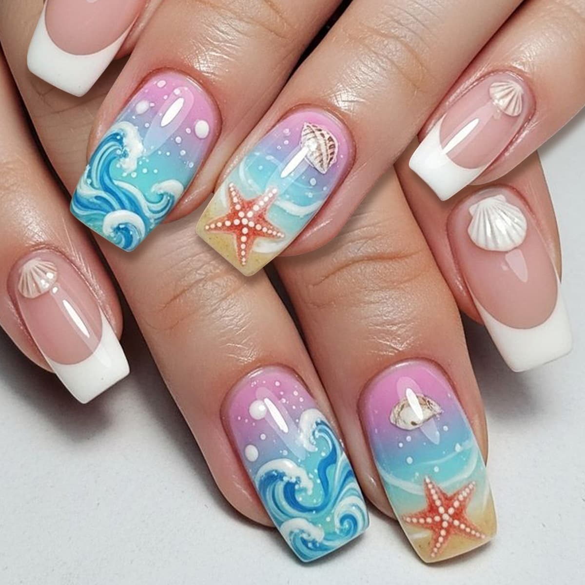 Wearable Nails Ocean Style French Tip Pink Gradient Wave 3D Embossed Shell Starfish Removable Fake Nails