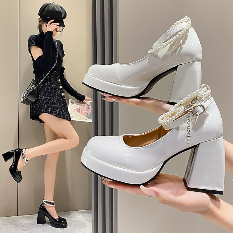 Mary Jane Shoes for Women 2023 Summer New Fashion High-Heeled Bowknot Thick-Soled Chunky Heel Pearl Shoes to Match with Skirts