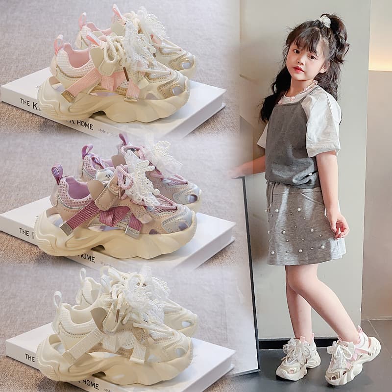 Fashion Pearl Accessories Baby Girl Casual Shoes 2025 Summer Trendy Mesh Hollow Toe Girl Sandals