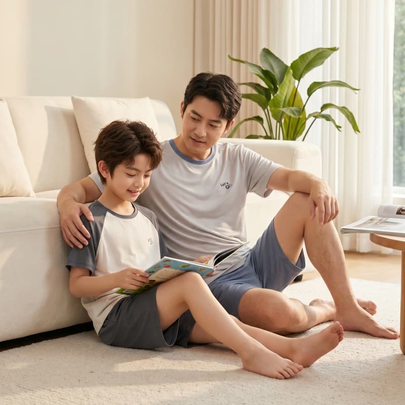 Summer Thin Lyocell Pajamas for Big Kids Short Sleeve Shorts Breathable Soft Solid Color Minimalist Homewear Set