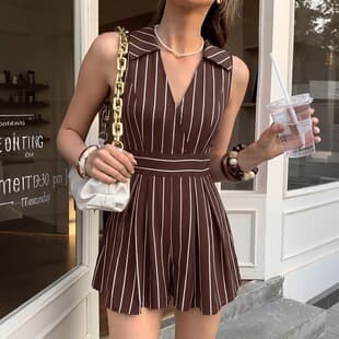 Summer New Arrival European and American Cross-Border Export Short Jumpsuit Elegant Light Mature Style Striped Sleeveless V-Neck Romper for Women