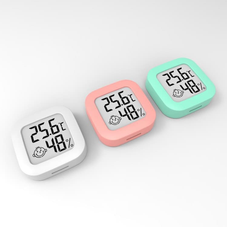 Mini temperature/humidity meter with smiley display, easy installation compact design with back sticker
