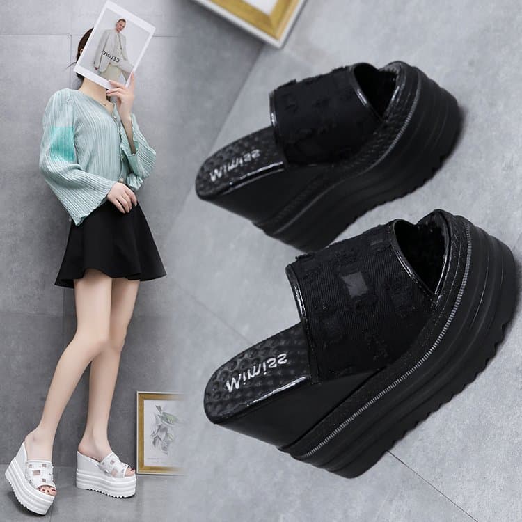 Women's Summer 2025 New Korean Style Fashionable Outdoor Wear Thick Heel Simple High Heel Wedge Slippers Female Sandals