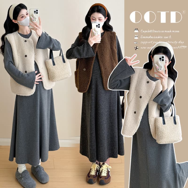 New autumn/winter fashionable faux lamb wool cardigan vest + maternity dress casual two-piece set