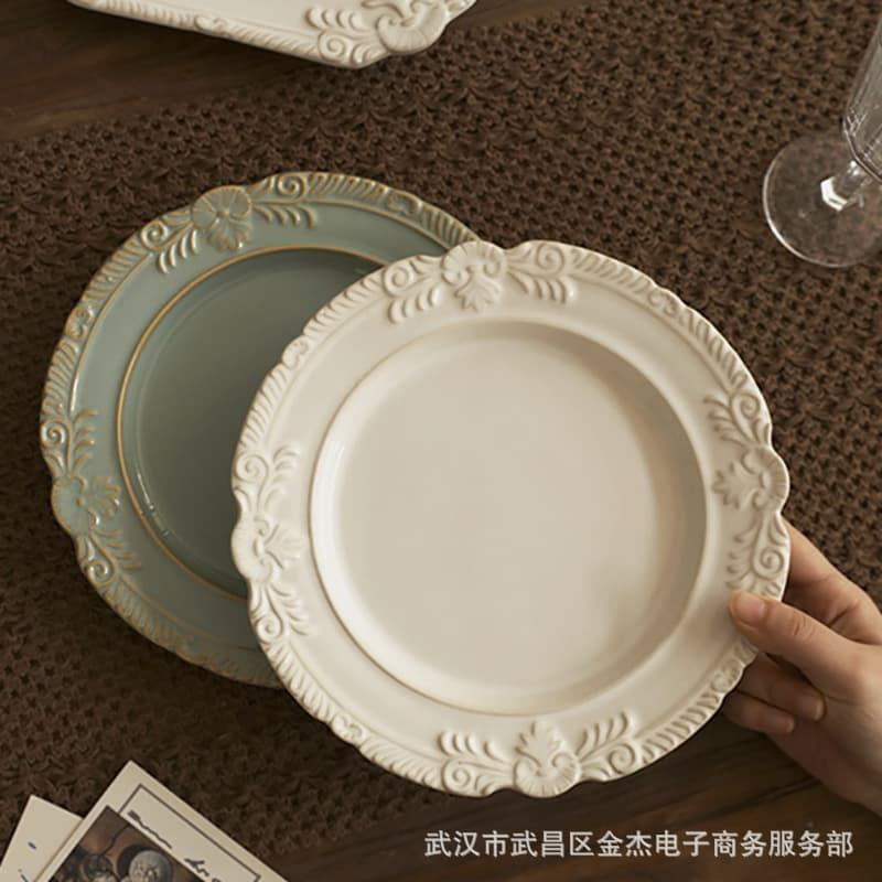 French Embossed Ceramic Plate Creative Tableware Western Steak Plate Home Dessert Plate Cake Square Plate Flat Plate Dish