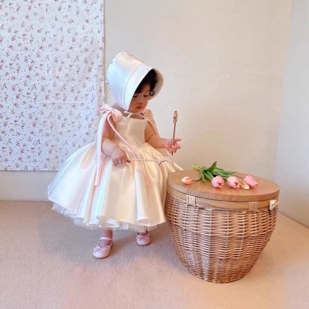 Girls' Princess Dress Korean Style Baby Toddler First Birthday Formal Dress White Satin Tulle Dress for Little Girls Princess Gown