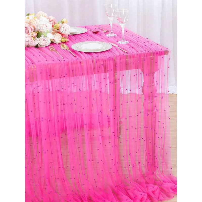 F 4550 Cross-border foreign trade dropshipping 160*100cm rose red artificial pearl decorative tulle tablecloth