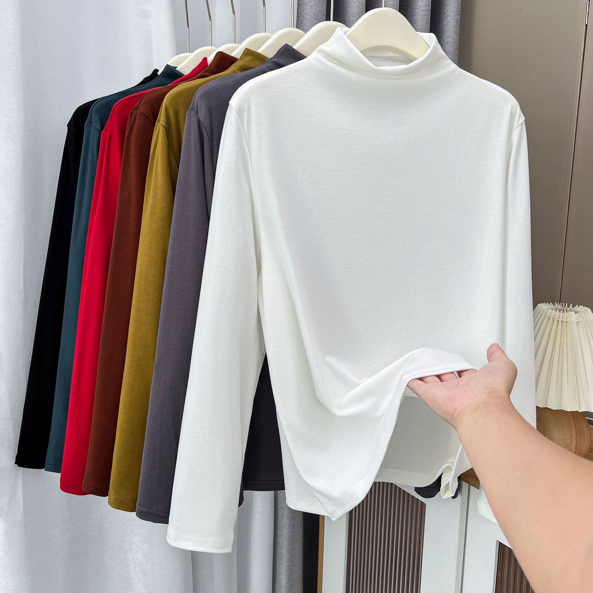 Spring/Autumn New Korean Style Versatile Solid Color Semi-high Neck Long Sleeve Base Layer for Curvy Girls up to 200 lbs, Plus Size Women's Clothing 4656