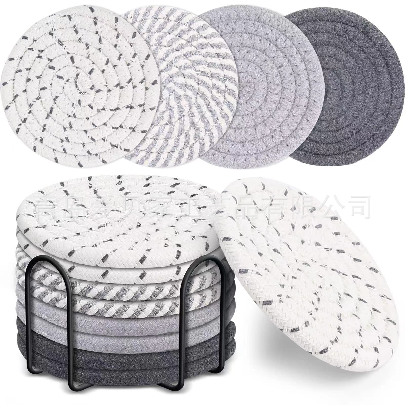 Amazon Cotton Rope Woven Placemat Heat-Resistant Glass Coaster Pot Holder Set with Rack Factory Direct