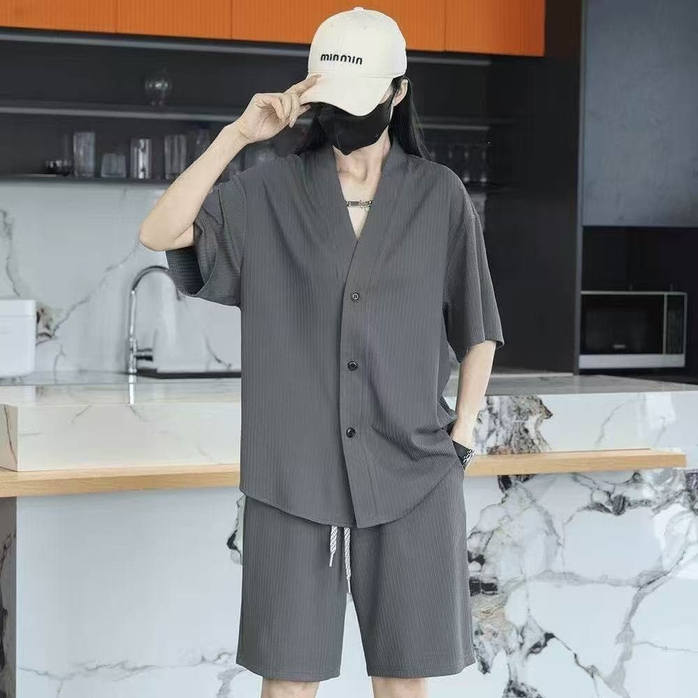 Summer Lightweight Breathable Ice Silk Casual Set Men's Trendy V-Neck Short Sleeve Shorts Solid Color Sport Two-Piece Set