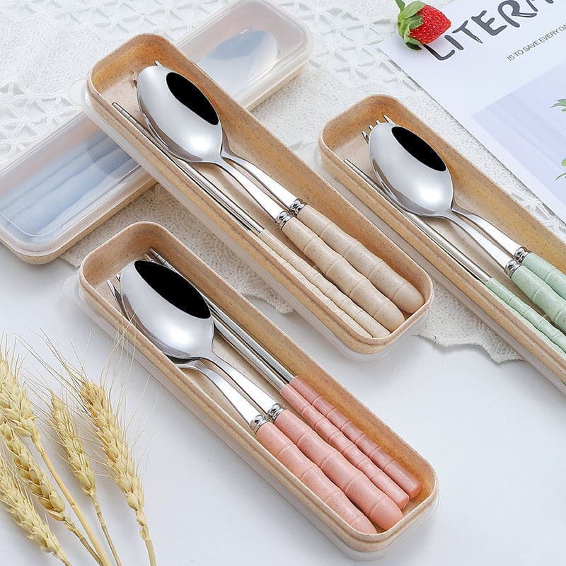 Stainless steel wheat straw chopsticks, spoon, and fork for students and adults, portable for travel and canteens, @9 factory wholesale by piece