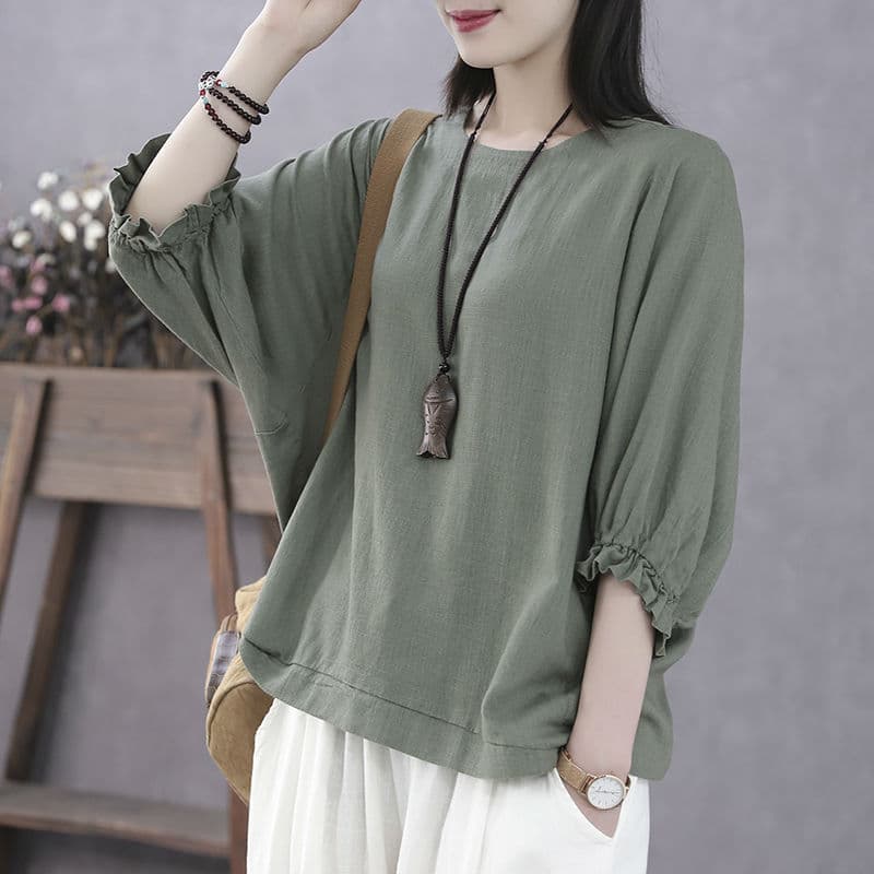 Vintage Plus Size Women's Clothing for Summer: Short Sleeve New Style, Tummy-Concealing Slimming Top with Batwing Sleeves and Three-Quarter Sleeves