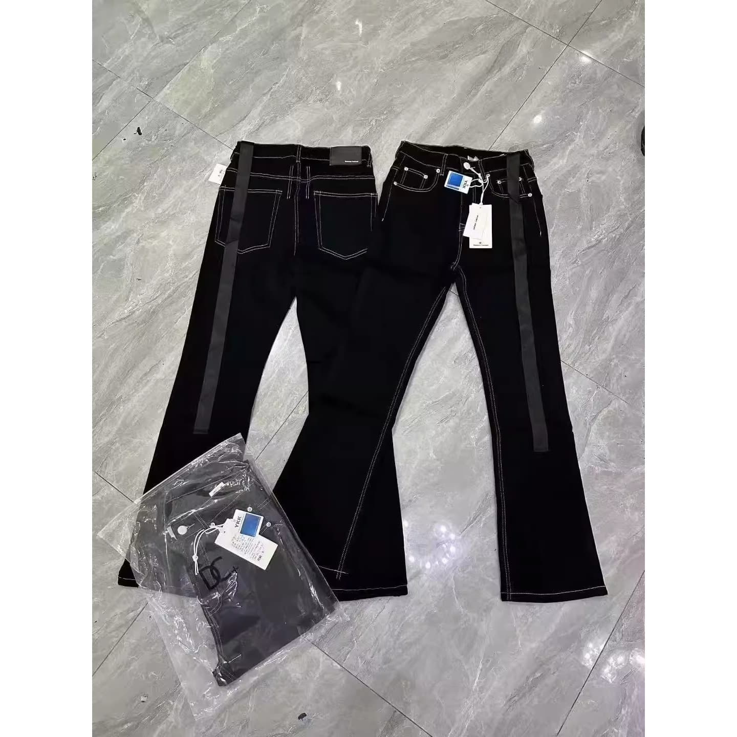 American High Street Vibe Style Black Long Ribbon Vintage Textured Slightly Flared Stretch Slim Jeans Men's Trendy