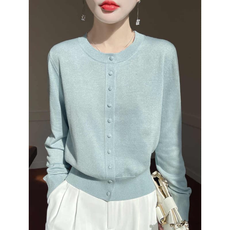 New Cardigan Sweater for Women Solid Color Versatile Round Neck Simple Elegant Waist-Cinching Long Sleeve Knit Top