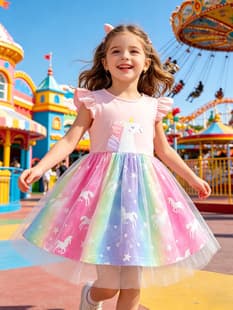 Girls' Little Flutter Sleeve Unicorn Print Rainbow Gradient Mesh Princess Dress 2026 Summer Kids' Puffy Party Dress