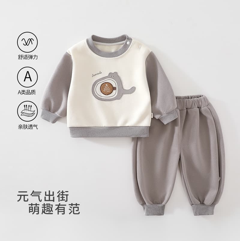 Baby Color-Block Crew Neck Sweatshirt Infant Category A Cartoon Two-Piece Set, Breathable Casual Sportswear for Spring and Autumn