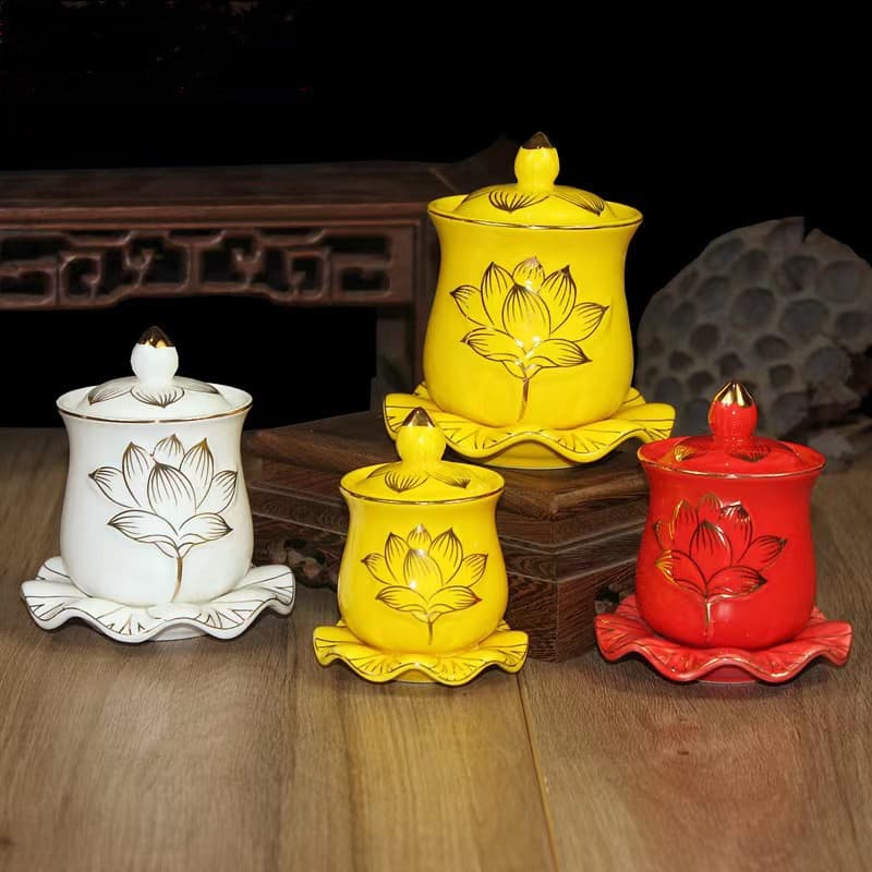 F-Hall Supplies Lotus Cups, Ceramic Wealth God & Guanyin Cups, Great Compassion Water F-Utensils, Relief Gilded Red/Yellow/White Water Cups