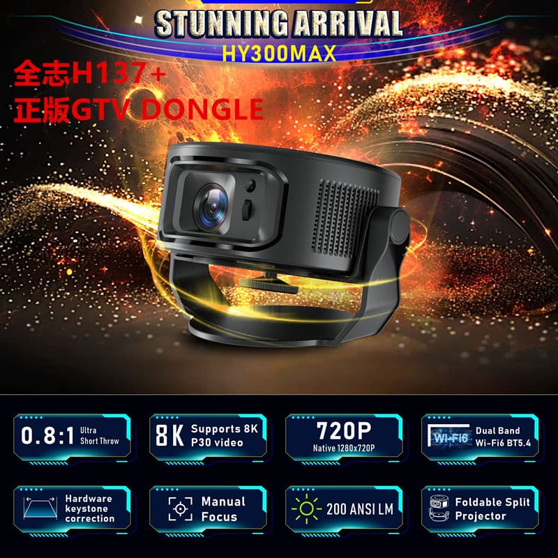 HY300max Cross-border Projector 200 Lumens Android 14 Ultra HD 8K Resolution Bedroom Projector Allwinner H13