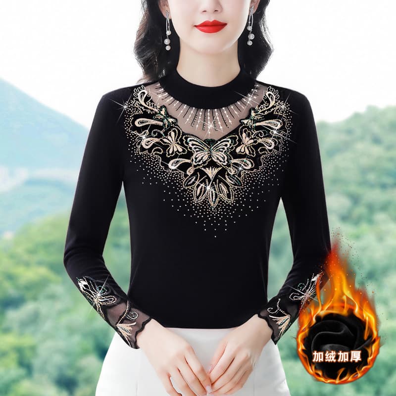2025 Autumn/Winter New Fashion Stylish Feature Hot-Fix Crystal Lace Trim Semi-High Neck Elegant Slimming Base Layer