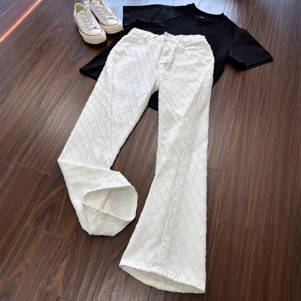 Cleanfit White Diamond Pattern Jeans for Men Autumn Jacquard Design High Street Vibe Straight Leg Flared Pants