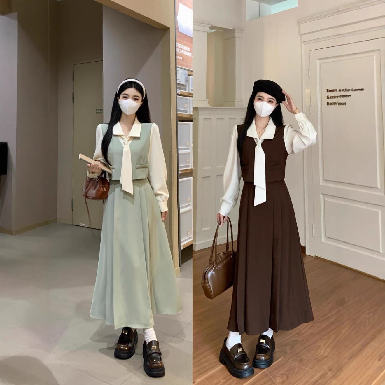 2025 new French long-sleeved dress for women in early autumn, unique and beautiful fake two-piece gentle style long dress
