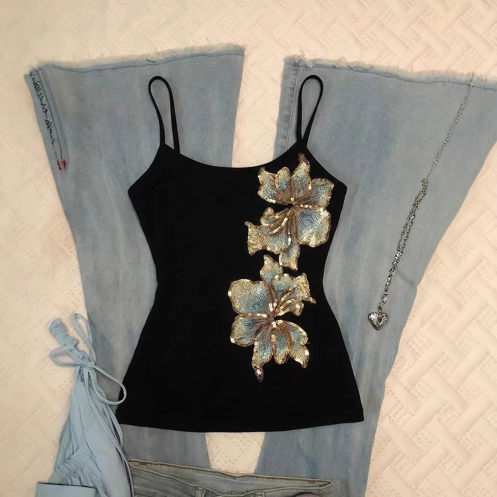 American Style Black Camisole Top for Women Spring Summer New Floral Print Slim Fit Sleeveless Outerwear